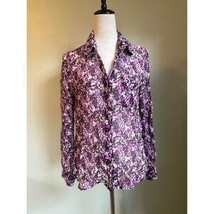 Diane von Furstenberg DVF Purple boho Y2K Leopard Silk Button Down Blouse Size 6